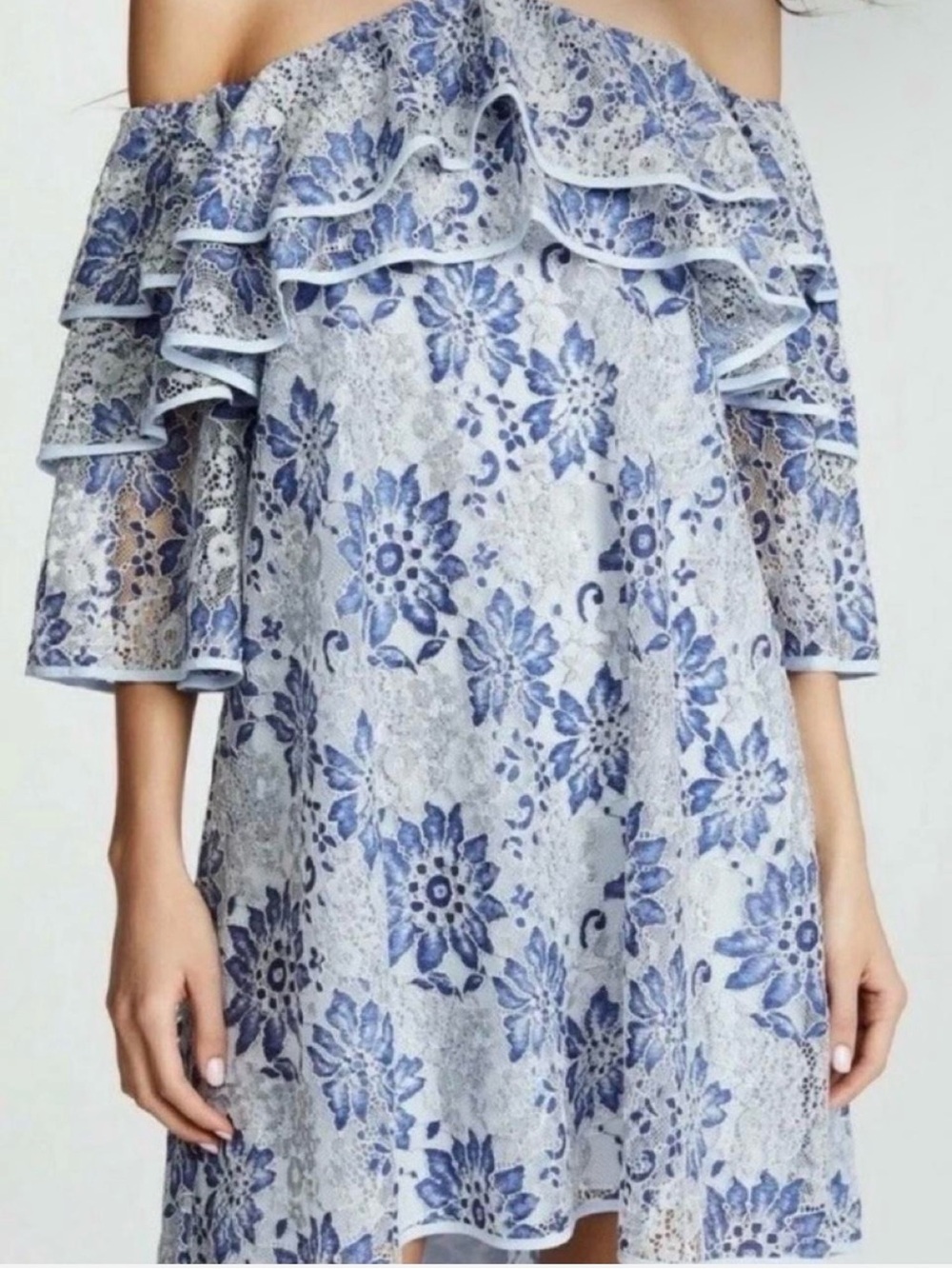 NWT REBECCA MINKOFF DENA TIERED RUFFLES HALTER LACE DRESS BLUE Sz XS